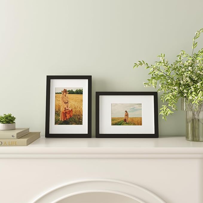 Egofine A4 Picture Frames Set of 4, Made of Solid Wood Covered by Plexiglass 5x7 and 6x8 with Mat or A4 whitout Mat, for Table Top Display and Wall Mounting Photo Frame Black