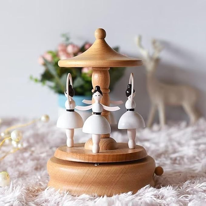 Natural Solid Wood Handcrafted Beech Wooden, Musical FigureTotoro/Carousel/Fairy/Ballerina Figurine,Rotating Hand Crank Mechanism Music Box,Musical Decorations (Ballet Dancers)