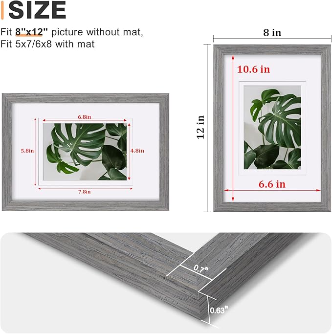 Egofine 8x12 Picture Frames Set of 4, Made of Solid Wood Covered by Plexiglass 5x7 and 6x8 with Mat or 8x12 without Mat, for Table Top Display and Wall Mounting Photo Frame Light Grey