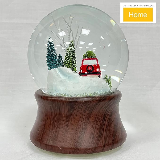Ashfield & Harkness Red Truck Special Delivery Decorative Wind Up Music Box Gifts Snow Globe with LED Battery Operated Light