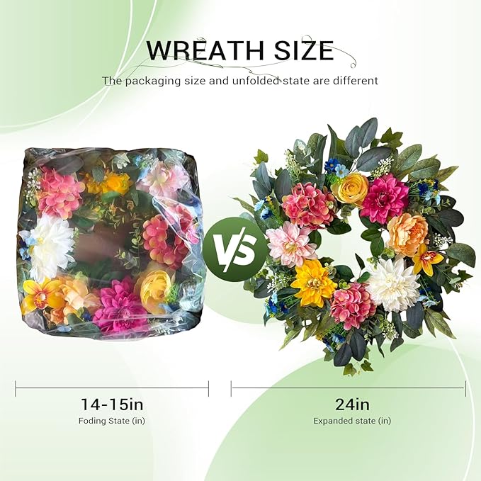 24 Inch Spring Wreaths for Front Door,Spring Wreaths,Spring Summer Door Wreaths with Yellow and Pink Dahlia Hydrangea Peony Flower Wreath for Outside Indoor Outdoor Home Porch Wall Decor