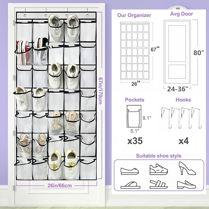 homyfort 35 Large Pocket Over the Door Shoe Organizer, Extra Sturdy Oxford Fabric Hanging Shoe Rack for Door Closet, Wall Mesh Shoe Storage Holder for Mens Women Shoes (White)
