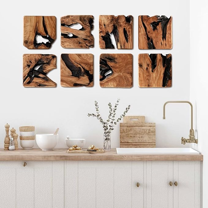 WELLAND 4 Pieces of Handmade Wall Sculptures, Rustic Abstract Wall Decor for Living Room, Bedroom, Bathroom, Dining Room, Home Office