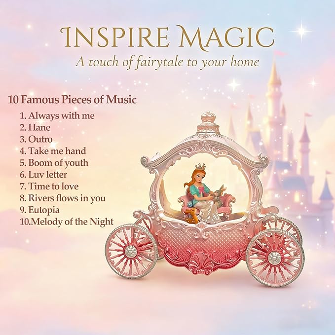 Christmas Pink Carriage Snow Globe with Music and Pricess - Christmas Snow Globes - Battery Or USB Cable Powered Operated (Pink Princess)