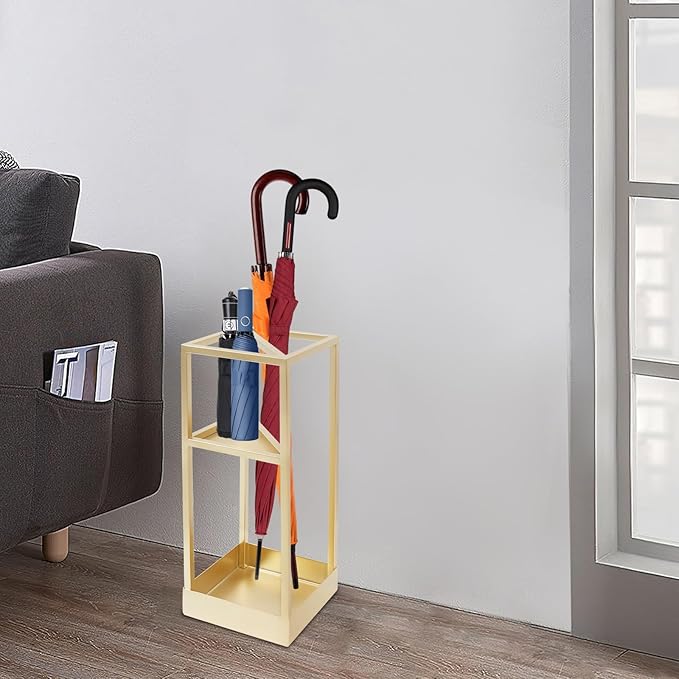 20 Inch Square Umbrella Stand, Metal Umbrella Rack Storage with shelf and Drip Tray, Entrance Umbrella Organizer for Storing Umbrellas, Hiking Poles, Canes (Golden)