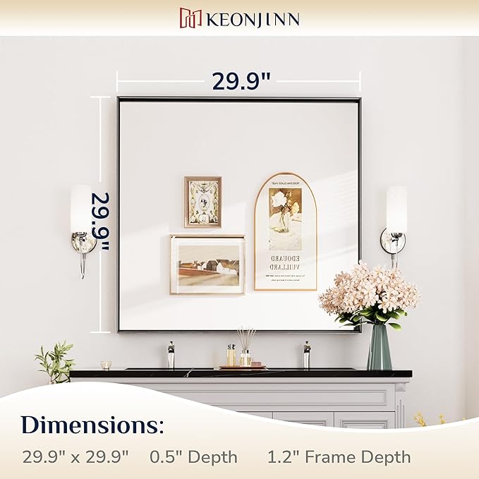 Keonjinn 30 x 30 Inch Black Bathroom Mirror for Over Sink Square Wall Mirror Matte Black Metal Framed Mirrors, Modern Farmhouse Rectangle Mirrors with Aluminum Alloy Frame(Horizontal/Vertical)