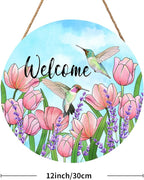 Welcome Spring Summer Hummingbirds Sign for Front Door Decor Spring Floral Wood Door Hanger Sign Spring Decorations Seasonal Farmhouse Wreath Wall Hanging Sign for Home Outdoor Outside Porch 12”x12”