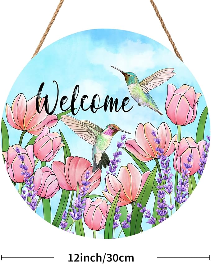 Welcome Spring Summer Hummingbirds Sign for Front Door Decor Spring Floral Wood Door Hanger Sign Spring Decorations Seasonal Farmhouse Wreath Wall Hanging Sign for Home Outdoor Outside Porch 12”x12”