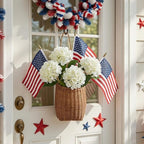 Riceshoot 4th of July Decoration Patriotic Door Hanger Basket Wreath for Front Door Woven Basket 250th Anniversary Hanging Sign with Artificial Hydrangea American Flag for Independence Day Table Decor