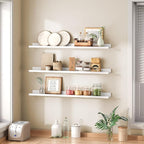 HOOBRO Floating Shelves, Wall Shelf Set of 3, 35.4 Inches Hanging Shelf with Raised Edge and Invisible Brackets, for Bathroom, Bedroom, Kitchen, Office, Living Room Decor, White WT90BJ01