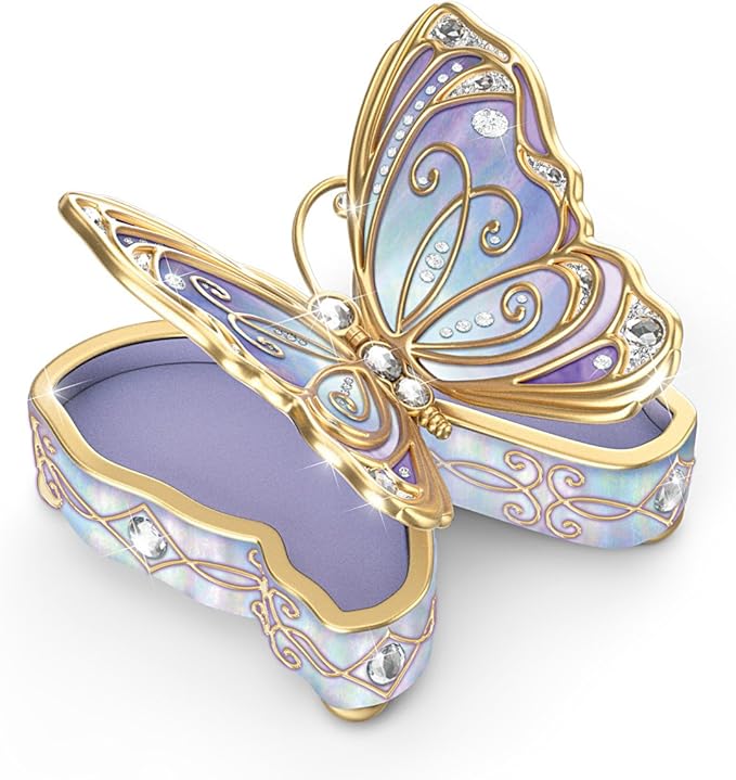 The Bradford Exchange Porcelain Butterfly Music Box with 22K Gold Accents, Simulated Jewels, and Storage, Plays Wind Beneath My Wings