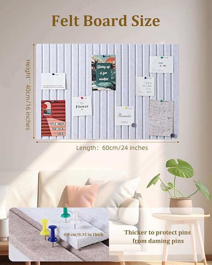 24 x 16 inches Bulletin Board, Decorative Felt Pin Board, 0.35“ Thick Foldable Photo Display Board with Self-Adhesive Tape, Vision Board for School Home Kitchen Office Walls - Dark Grey