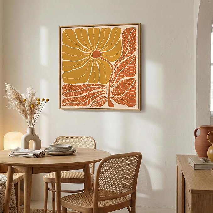 Framed Boho Abstract Floral Wall Art for Living Room, Square Orange Flower Canvas Artwork for Walls, Mid Century Modern Bohemian Pictures Wall Decor for Bedroom Dining Room Hallway Office, 24x24 Inch
