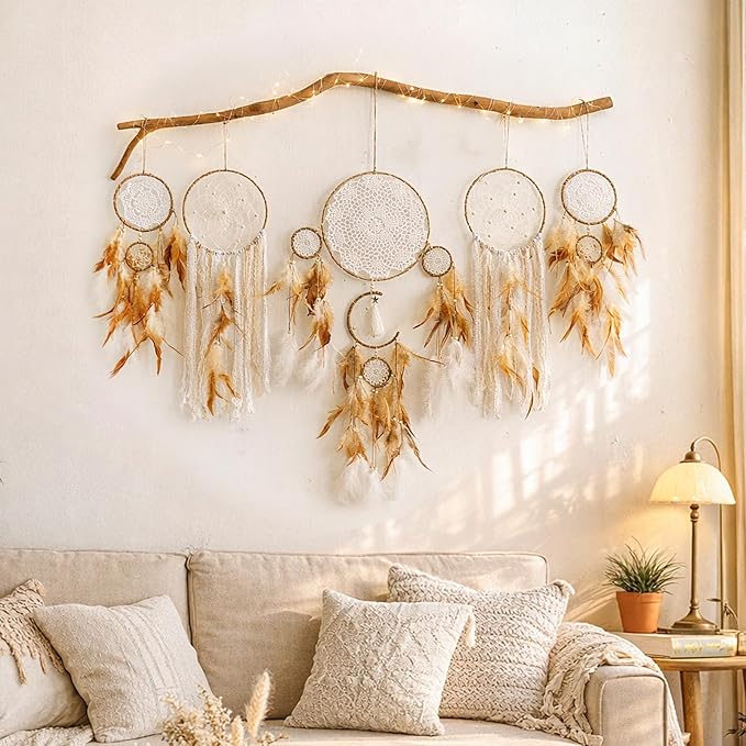 Dream Catcher Boho Macrame Wall Art - 31" Large Feather Dreamcatchers for Bedroom Moon Wall Decor by Native American for Women, Teen Girls