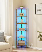 TUTOTAK Corner Shelf with LED Light, 6-Tier Corner Bookshelf for Small Space, Narrow Display Corner Shelf Stand with Storage Rack, for Living Room, Bedroom, Brown BS05BC006L