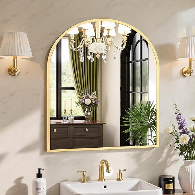 Sweetcrispy 31"x32" Arched Gold Bathroom Mirrors for Wall, Bathroom Mirrors for Over Sink, Metal Framed with HD Shatter-Proof Glass for Entryway, Living Room, Bedroom