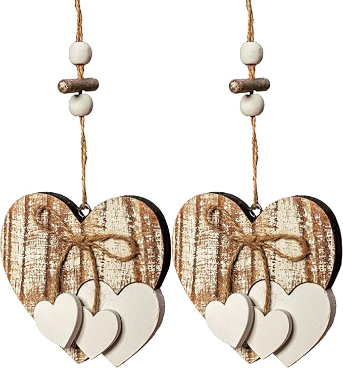 Sun&Beam Heart-Shaped Wooden Decorative 2Pcs Hanging Handmade Hearts Ornaments for Wedding Party Valentine Christmas Home Decoration Car Décor (D-#1, 2Pcs)