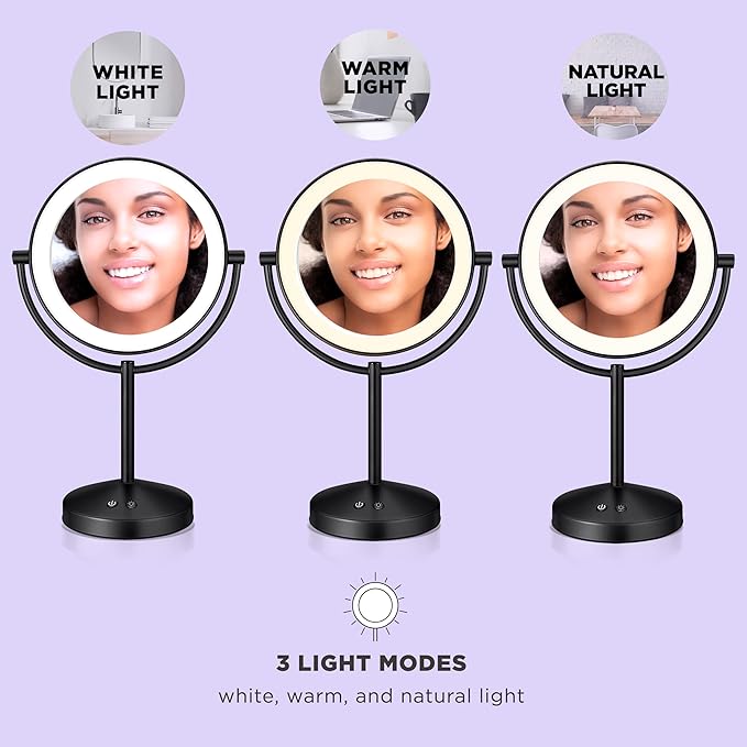 Conair Lighted Makeup Mirror, Double-Sided LED Vanity Mirror with 1X/10X Magnification, 3 Light Settings, 3 Modes, 360° Rotation, Matte Black Finish