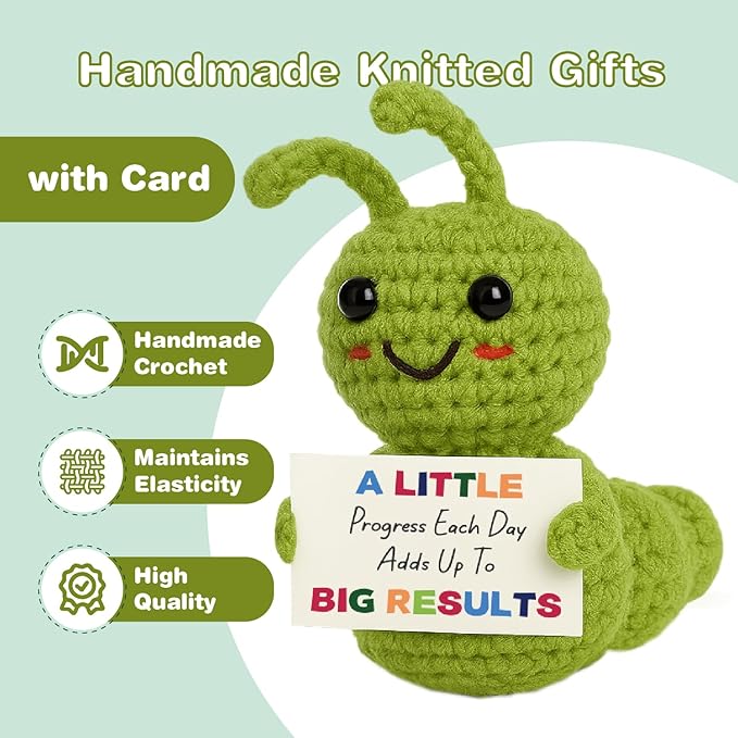 Mini Positive Progress Caterpillar – Motivational Crochet Doll for Kids Teens Adults, Small Encouragement Gifts for Students, Back to School Study Desk Decor, Uplifting Plush Reminder