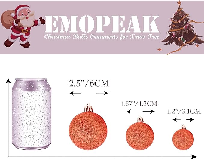 Emopeak 24Pcs Christmas Balls Ornaments for Xmas Christmas Tree - 4 Style Shatterproof Christmas Tree Decorations Hanging Ball for Holiday Wedding Party Decoration (Orange, 2.4"/6.2CM)