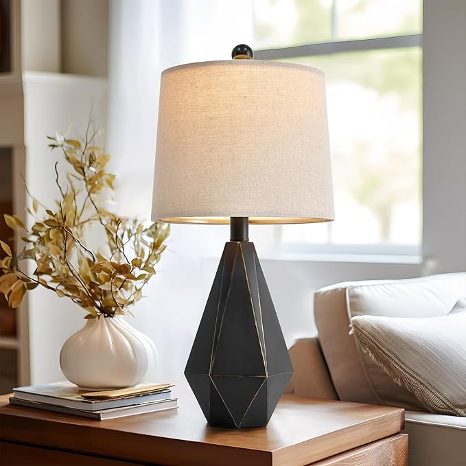 PoKat 20.25'' Table Lamps Set of 2, Bedside Lamp for nightstand, Small Farmhouse Lamps for Bedroom, Black Bedroom Lamps for Living Room, Nursery, Black, Suitable for Small Place