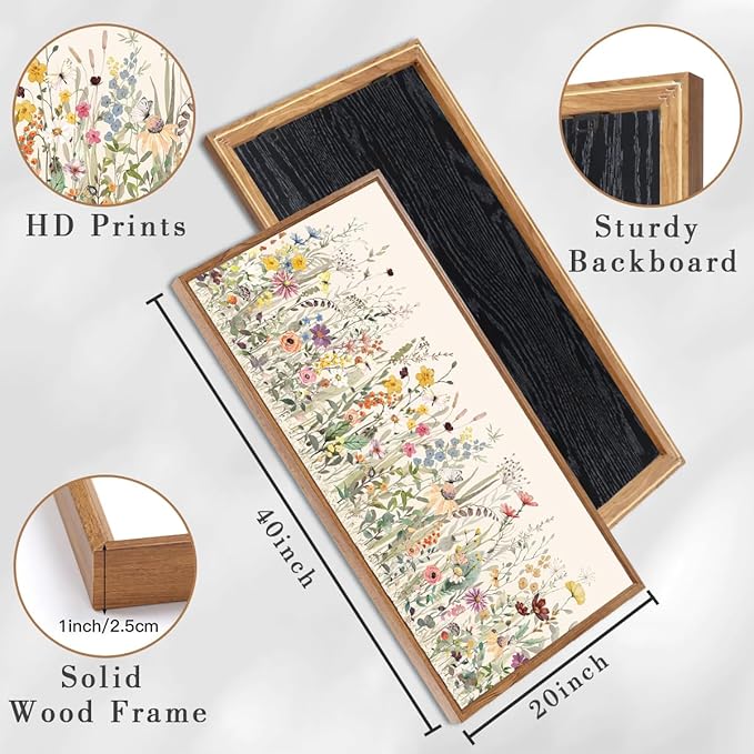 Large Floral Wall Art Framed Colorful Wildflower Wall Paintings Flower Artwork Floral Art Prints Wildflower Pictures Flowers Wall Decor for Living Room Bedroom Office Farmhouse 20x40 Inches Gift