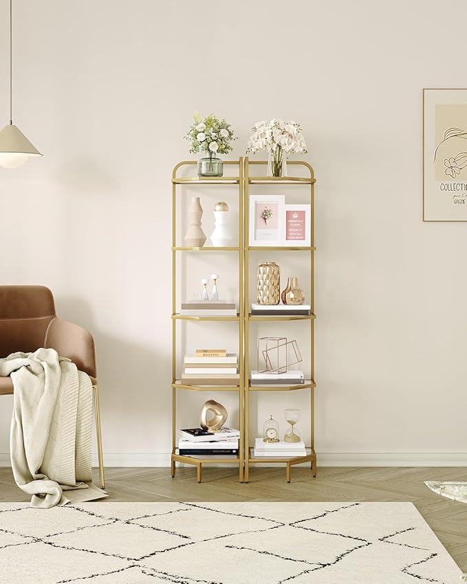 Hzuaneri Corner Shelf Stand, 5-Tier Glass Bookshelf Bookcase, Bathroom Organizer, Plant Stand, Steel Frame, Tempered Glass, Modern Style for Living Room, Bathroom, Kitchen, Golden CS90200G