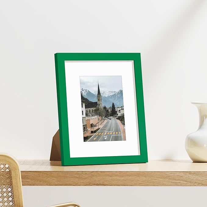 Vittanly 8x10 Picture Frames Set of 9, Shatter Resistant Plexiglass, Display 5x7 Pictures with Mat or 8x10 without Mat, Photo Frames for Wall or Tabletop, Engineered Wood, Green
