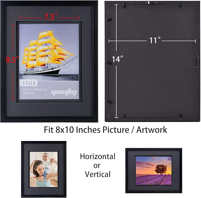 Yaetm 11x14 Double Floating Mat Picture Frame Set of 4, Display Picture 8x10 with Black Double Mat, Polished High Definition Tempered Glass, Wall Mounting Photo Frames, Black/Black