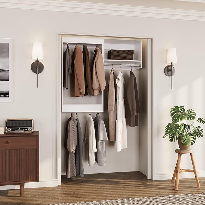 ROOMTEC Modular Closet System, 43" Wall-Mounted Closet Organizer with Hanging Rods, Wooden Tower for Walk-In Closets, Wardrobe Storage Kit, White