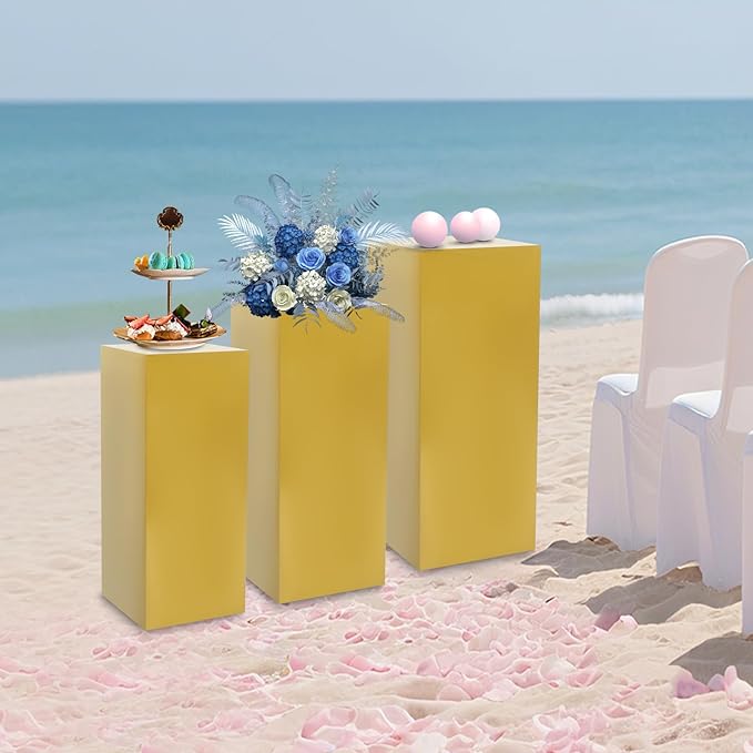 3Pcs Square Display Pedestal Stands Set for Party, Metal Display Stand Plinth Pillars, Cake Stands Pillars for Wedding Birthday Art Decor Risers, 11.8*31.5" (L), 11.02*25.6" (M), 10.24*23.6" (S)