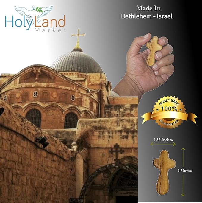 Holy Land Market Olive Wood Crosses - 25 Small 2.5" Pocket Palm Crucifix | Handmade Jerusalem Crosses with Certificates & Lord Prayer Card | Meditation & Prayer Crosses Holy Land Olive Wood Cross x25