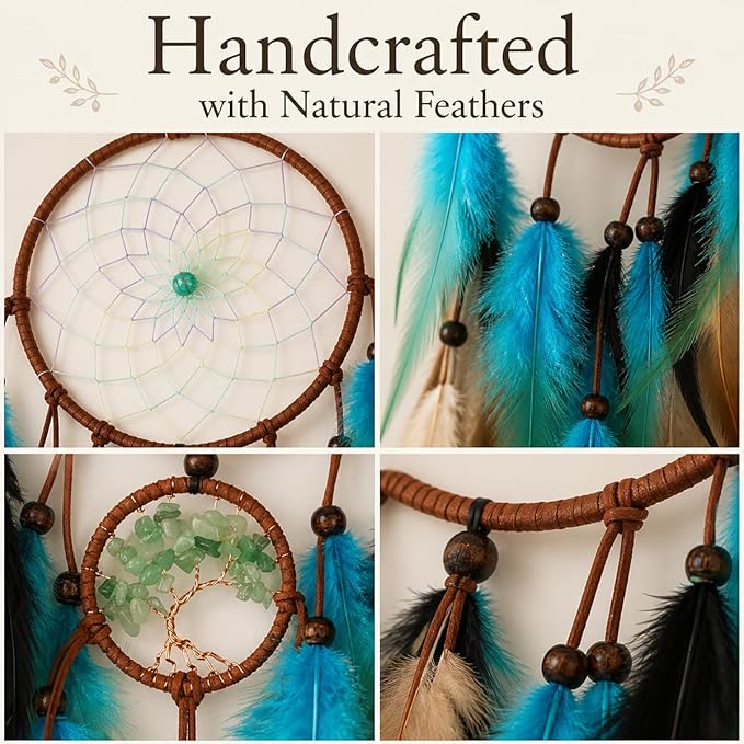 AWLEE Dream Catchers Tree of Life with Handmade Feather Blue Dreamcatcher for Kids Boys Bedroom Wall Hanging Decor Nursery Wall Art Ornament Craft Decoration