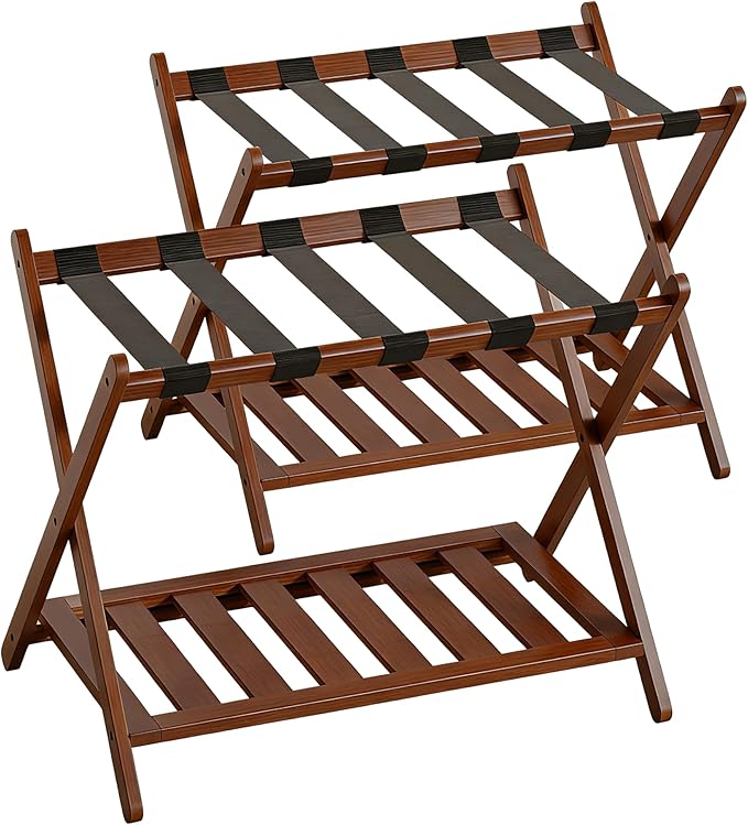 Full Assembled Luggage Rack Set of 2, Bamboo Luggage Holder Rack for Guest Room, 26.77" L Folding Suitcase Stand with 5 Nylon Straps & Storage Shelf for Bedroom Hotel (2 Pack - Brown)