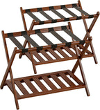 Full Assembled Luggage Rack Set of 2, Bamboo Luggage Holder Rack for Guest Room, 26.77" L Folding Suitcase Stand with 5 Nylon Straps & Storage Shelf for Bedroom Hotel (2 Pack - Brown)