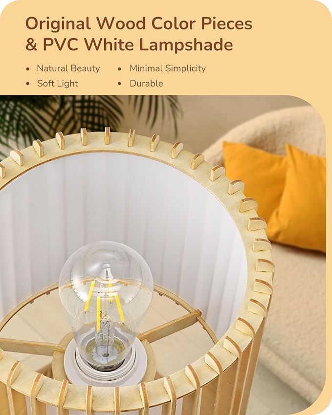 EDISHINE 14.17" Small Table Lamp, Wood Tripod Bedside Lamp, Natural Wood-Colored Hollow & White PVC Shade, E26 Base, Boho Nightstand Lamp for Bedroom, Living Room, Office, Study