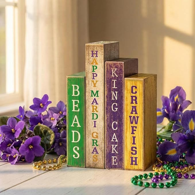 Lineshading 4 Pcs Mardi Gras Table Decor Rustic Wooden Book Sign Carnival Tiered Tray Decor Farmhouse Tabletop Sign Centerpieces for Mardi Gras Carnival Home Shelf Decoration