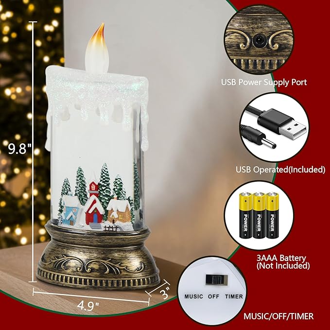 Eldnacele Christmas Music Snow Globe Lantern with Timer, Battery Operated & USB Powered Lighted Snowy Cabin Scene Singing Snow Globe Candle Lamp Spinning Water Glitters Holiday Xmas Decor