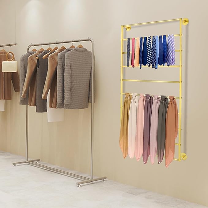 Wall Mounted Scarf Rack,Wall Display Rack,10 Layer Towels Storage Rack,Wall Wrapping Paper Ribbon Organizer,Silk Scarves Hijab Hanger for Flower Shop Retail Store (Gold)