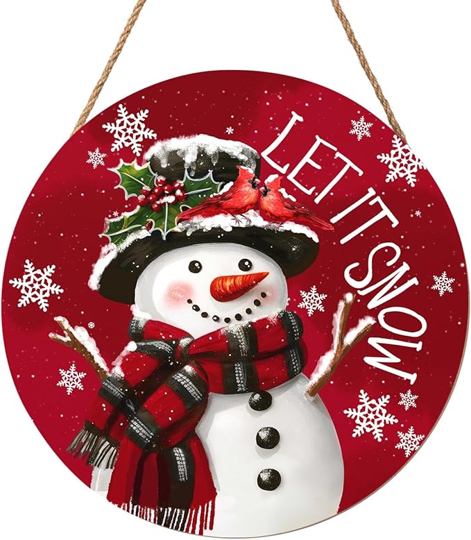 Christmas Snowman Front Door Sign Snowflake Wood Door Hanger for Outdoor Outside Porch Winter Cardinal Birds Decoration Welcome Sign Farmhouse Round Wall Hanging Xmas Wreath Decor for Home 12"x12"
