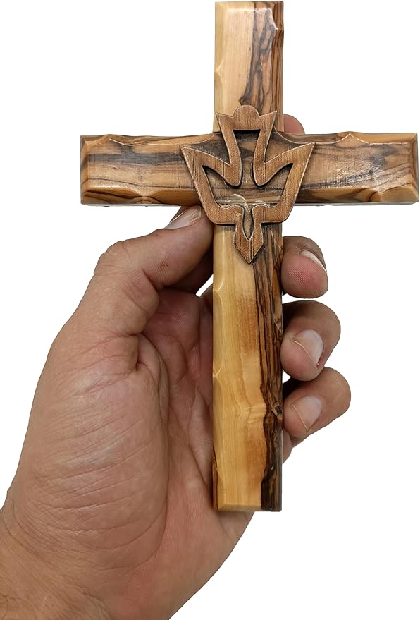 Zuluf 6.3" Olive Wood Dove Cross Wall Hanging Christian Holy Spirit Baptism Holy Land Gift Bedroom Decor CRS020