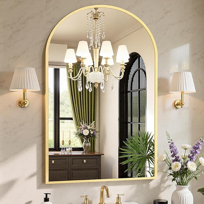 Sweetcrispy 26.5"x38" Arched Gold Bathroom Mirrors for Wall, Bathroom Mirrors for Over Sink, Metal Framed with HD Shatter-Proof Glass for Entryway, Living Room, Bedroom, Home Decor