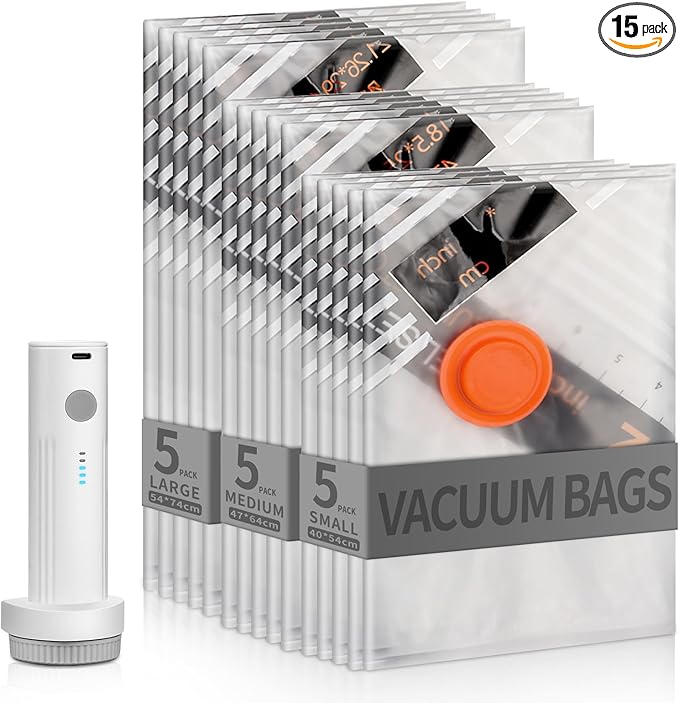 15 Packs Vacuum Storage Bags with Rechargeable Pump for Travel, Vacuum Seal Bags for Clothing Blankets Bedding, Space Saver Compression Bags for Storage Travel Moving (5S,5M,5L)