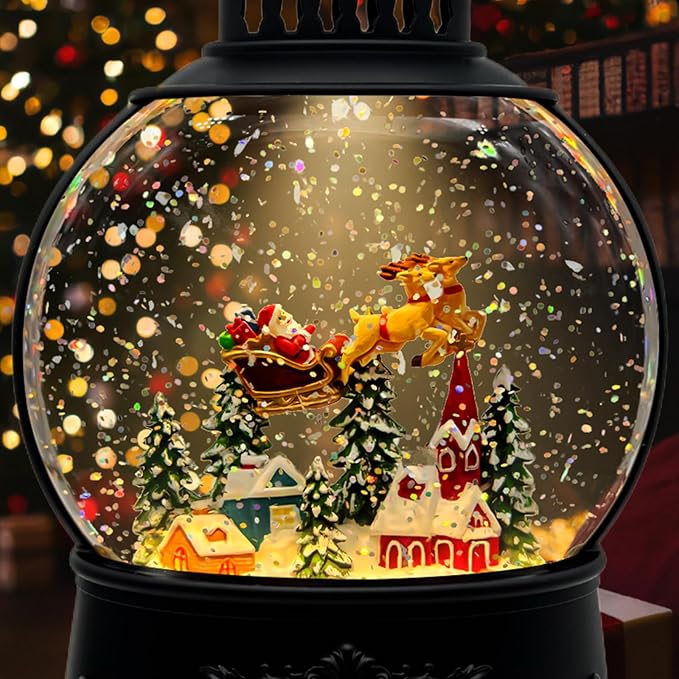 AOMIL Christmas Snow Globe Lantern with Music & Timer - USB/Battery Operated LED Glittering Globe, Snow Globe Decor for Home Holiday (Reindeer)