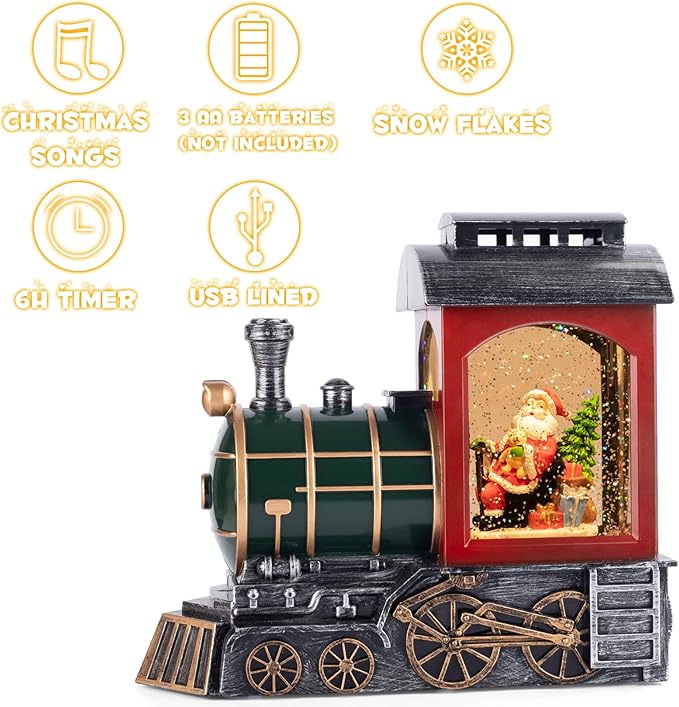 Santa Red Train Christmas Snow Globe Lantern-Glittering Light Up Musical Snow Globe Christmas Decorations, 6H Timer, USB & Battery Operated, Santa Indoor Home Décor