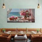 Vintage Pink Flower Wall Art Retro Flowers in Golden Vase Pictures Blue Ocean Coastal Landscape Canvas Prints Blossom Painting Poster Floral Artwork Living Room Bathroom Home Decoration 29.53x57.87"