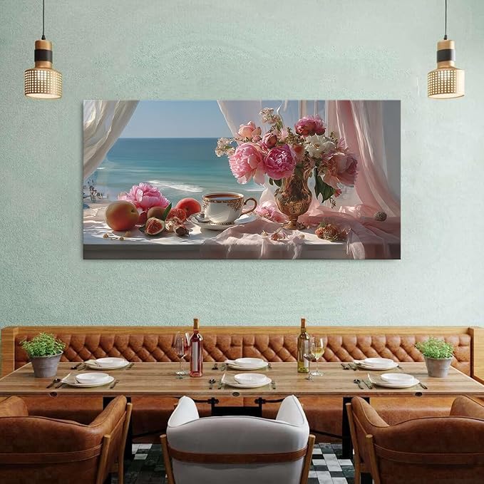 Vintage Pink Flower Wall Art Retro Flowers in Golden Vase Pictures Blue Ocean Coastal Landscape Canvas Prints Blossom Painting Poster Floral Artwork Living Room Bathroom Home Decoration 29.53x57.87"