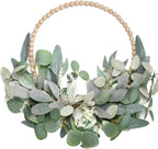 TEMPUS 16” Artificial Wood Bead Eucalyptus Wreath - Indoor/Outdoor Seasonal Farmhouse Door Decor with Artificial Greenery Perfect