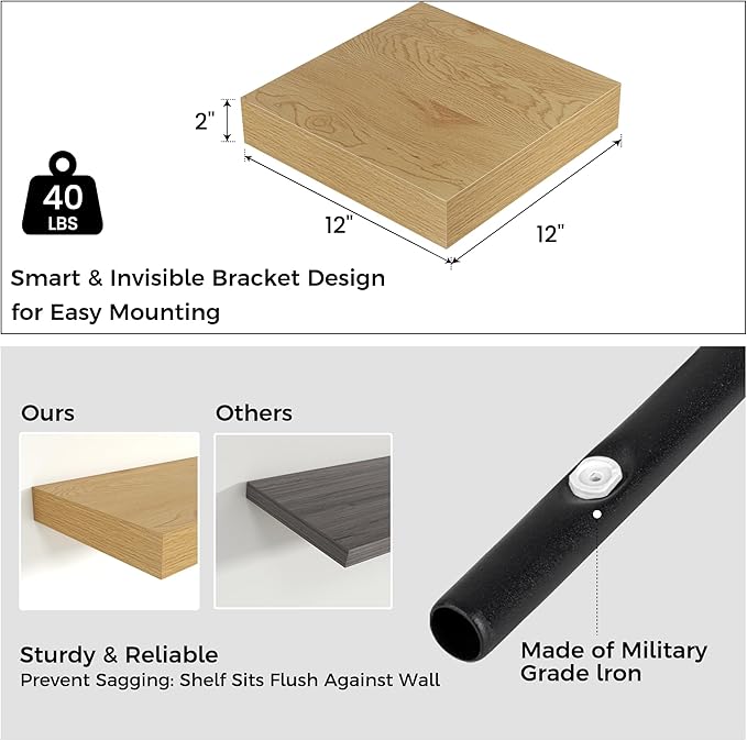 Venusmiles Square Floating Shelves for Wall, 12" W x 12" D x 2" H, 2 Pack of Small Wall Mounted Engineered Wood Shelves with Invisible Brackets for Living Room, Bedroom, Bathroom, Kitchen Decor, Oak