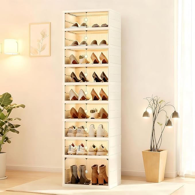 Elayce Foldable Shoe Rack Organizer, 9-Tier (8+1 Tall) Double-Row Shoe Storage Cabinet, Installation-Free Stackable Shoe Boxes with Clear Magnetic Doors for Entryway & Closet (White) (2)